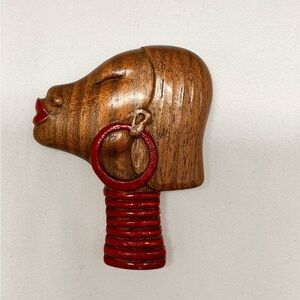 Large chuncky  art deco wood carved African woman brooch